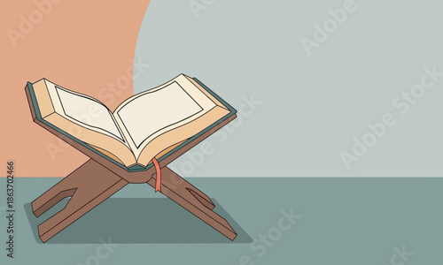 An open holy book, the Quran, resting on a traditional wooden carved stand (rehal) against a simple two-tone background.