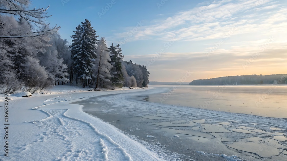 Fototapeta premium Frozen lake shore with ice fragments and snowy forest at sunset under cloudy sky