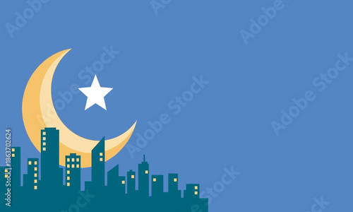 A minimalist dark blue city skyline with a bright yellow crescent moon and a white star, emphasizing a quiet night atmosphere.