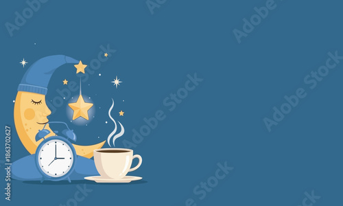 A cute and whimsical illustration of a crescent moon wearing a sleeping cap next to an alarm clock and a coffee cup under a starry sky.