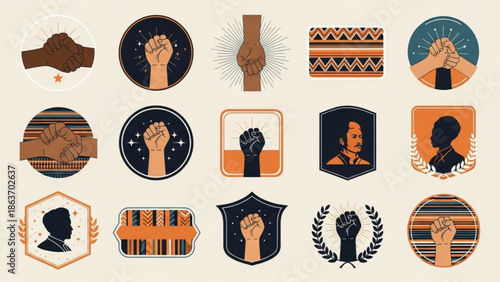 Collection of diverse solidarity and empowerment icons featuring fists and silhouettes in various shapes and patterns for social justice and activism campaigns