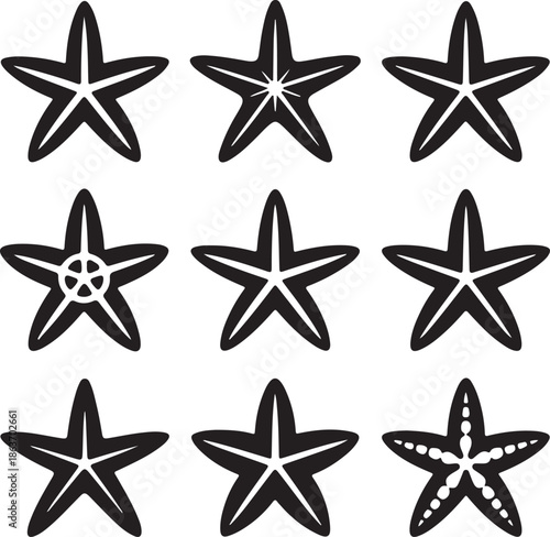 set of starfish illustrations in various shapes and patterns