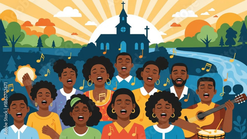 A vibrant group of diverse people joyfully singing and playing music together outdoors near a church at sunset with musical notes in the air
