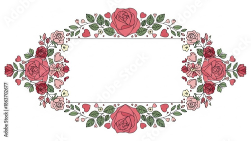 Vibrant floral border with roses, hearts, and leaves on white background for decoration and design with rose bouquet and heart shape and valentine