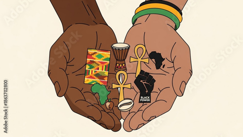 Two hands holding african cultural symbols, ankh, djembe drum, map, bracelet, and other black power icons on a neutral background with African culture