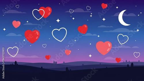 Hearts floating in the air on a romantic night sky with crescent moon and stars, a beautiful scenic landscape with a dreamy atmosphere, love and valentine's day concept
