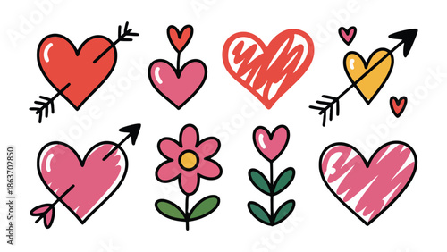 Love and affection: Collection of hand-drawn heart illustrations and flower. This image showcases love, affection and connection, and celebration of the emotion in the world.