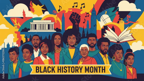 Diverse group of people celebrating black history month with iconic landmarks and symbols of culture and freedom in a vibrant colorful illustration