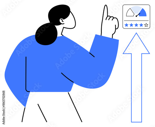 Service satisfaction. Service satisfaction by a user pointing to a feedback gauge and rating system. Service satisfaction improves business quality and decision-making. For customer experience