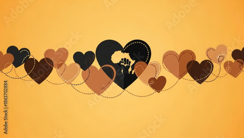 Diverse hearts with raised fist silhouette in black, brown, and beige on warm yellow background, symbolizing love, unity, and support with solidarity
