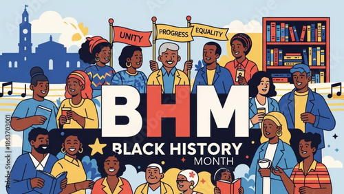 Diverse group of people celebrating black history month with unity progress equality flags and books in a vibrant illustration with diversity