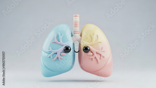 A charming 3D illustration of human lungs, depicted as stylized, colorful anatomical models with playful eyes, symbolizing health and well-being