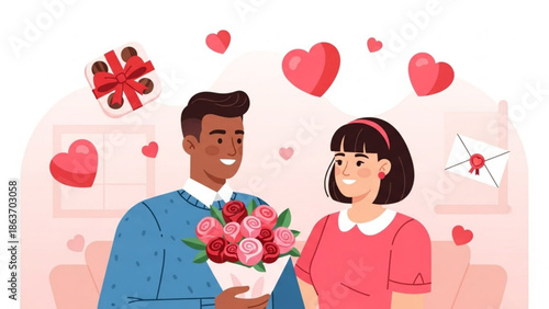 A smiling man in a blue sweater holding a bouquet of pink and red roses for his girlfriend on valentine's day surrounded by hearts and gifts in a cozy living room