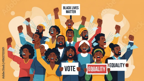 Diverse group of people protesting for equality and justice with signs that read black lives matter, vote, and equality, fists raised in unity and solidarity