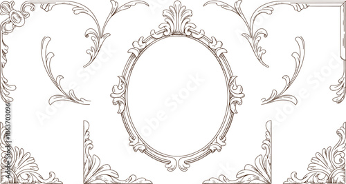 Ornate circular frame with intricate floral and scrollwork in black and white floral scrollwork intricate patterns