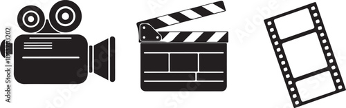  Video Shooting Icons Set with Film Camera, Old Film Reel, and Clapboard  Movie Concept Vector Illustration on Transparent Background