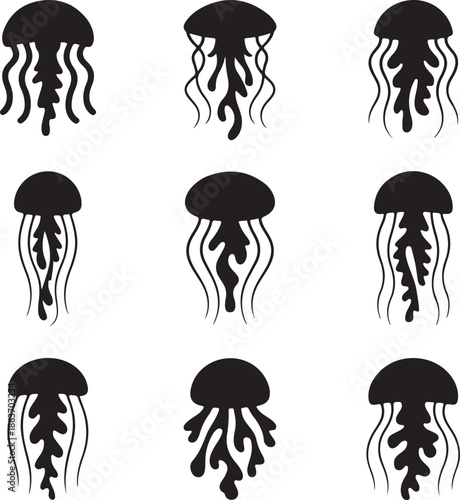 set of jellyfish silhouettes on white background