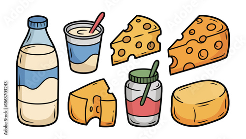 Dairy Delights: An inviting array of dairy products, showcasing fresh milk, creamy yogurt, assorted cheeses, and a jar of delicious spread, perfect for culinary and dietary needs.