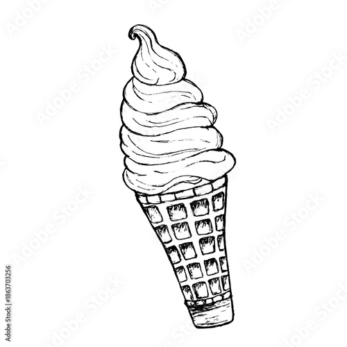 Isolated vector illustration of a sweet ice cream cone. Hand-drawn sketch of the dessert in a waffle cone on a white background.