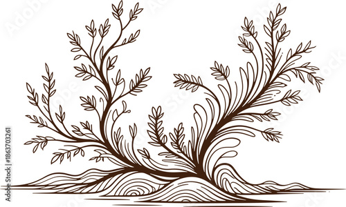 Detailed black and white of a stylized plant growing from wavy lines resembling water or earth leaves