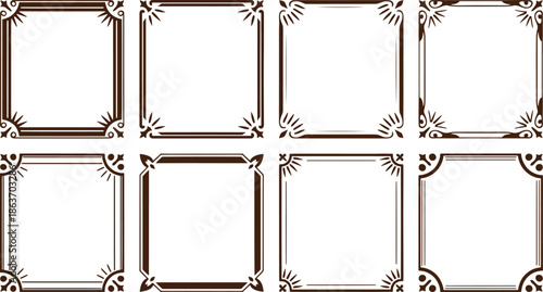 Nine ornate brown and black decorative frames with intricate corner on a white background