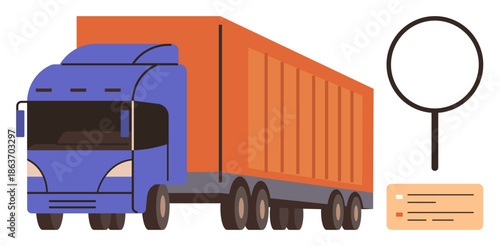 Logistics, freight delivery, cargo transportation, supply chain, shipment tracking, business operations. Illustration of a cargo truck, magnifying glass and document. Logistics and freight delivery