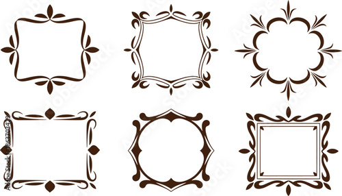 Six ornate decorative frames with floral and leaf patterns in black and white
