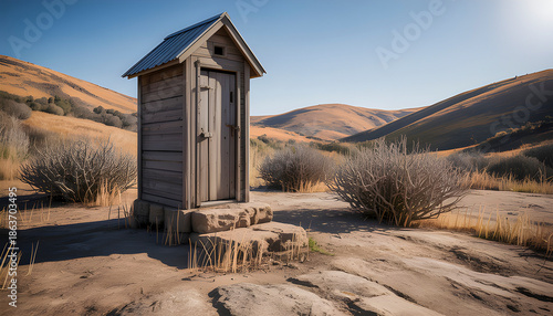 A small wooden outhouse stands on dry cracked ground surrounded by desert bushes and rolling hills under a clear blue sky in bright sunlight