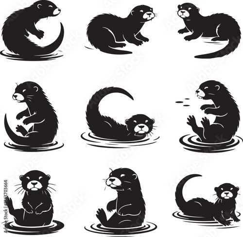Otter silhouettes in various swimming and sitting poses on water surface
