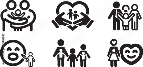 A collection of black and white icons depicting family and love