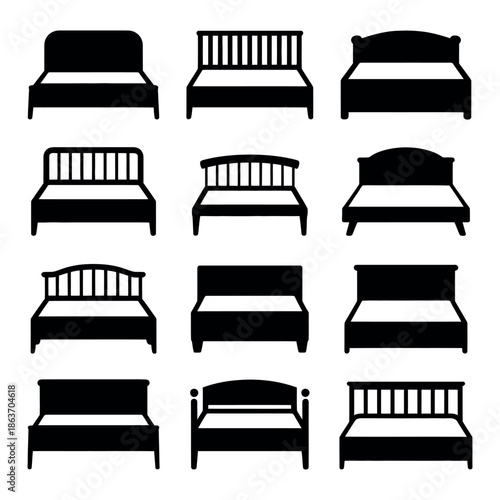 Collection of twelve black bed frame silhouettes illustrates various furniture.