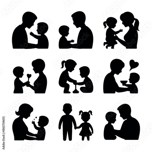 Various family relationship silhouettes show parents interacting lovingly with.