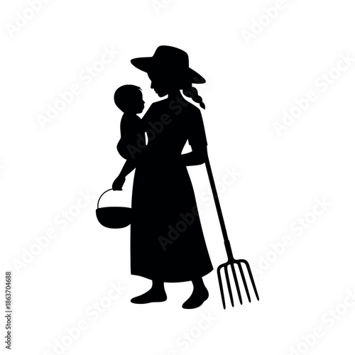 Farmer mother silhouette holds infant child while carrying a bucket and a large.
