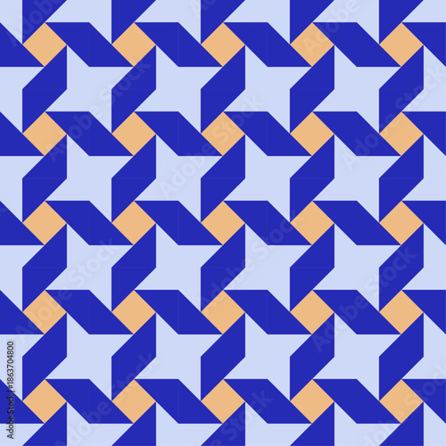 Seamless geometric pinwheel pattern with rotating triangle shapes in blue and yellow creating modern abstract background for textile, fabric, packaging, wallpaper and surface design