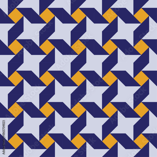 Seamless geometric pinwheel pattern with rotating triangle shapes in dark blue, yellow and light tones creating bold abstract background for textile, fabric, packaging, wallpaper and modern surface de