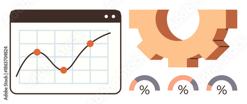 Business strategy, data analytics, performance tracking, workflow optimization, strategy visualization, data presentation. Graph with connected points, gear and percentages. Business strategy
