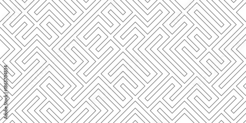 Seamless geometric maze pattern with interlocking angular lines in light gray tones creating soft abstract labyrinth background for surface design, wallpaper, textile, stationery