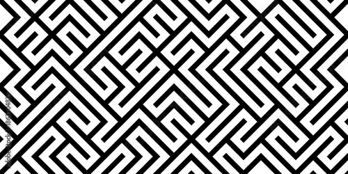 Seamless geometric maze pattern with interlocking angular lines in black and white creating abstract labyrinth background for surface design, wallpaper, textile, packaging and modern graphic use