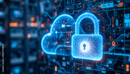 A glowing blue padlock secures a cloud on a futuristic circuit board background