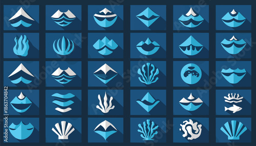 Water and Ocean Icons Set - Blue Tone Flat Design Vector Illustration