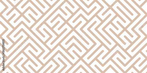 Seamless geometric maze pattern with interlocking angular lines in light beige tones creating soft abstract labyrinth background for surface design, wallpaper, textile, stationery