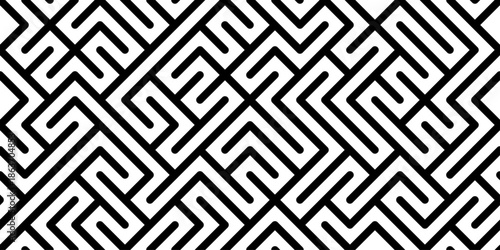 Seamless geometric maze pattern with interlocking angular lines in black and white creating abstract labyrinth background for surface design, wallpaper, textile, packaging and modern graphic use