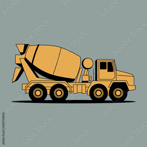 Heavy duty concrete mixer truck transports construction material across a flat.