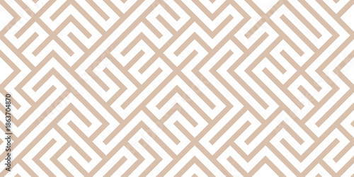 Seamless geometric maze pattern with interlocking angular lines in light beige tones creating soft abstract labyrinth background for surface design, wallpaper, textile, stationery