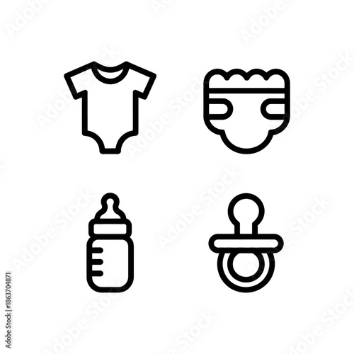 Four essential outline icons represent common baby care necessities for infants.