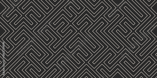 Seamless geometric maze pattern with interlocking angular lines in black and white creating abstract labyrinth background for surface design, wallpaper, textile, packaging and modern graphic use