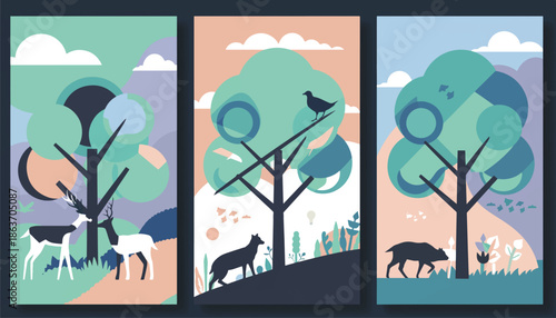 Wildlife Conservation Illustration Set with Animals and Trees - Pastel Vector Design