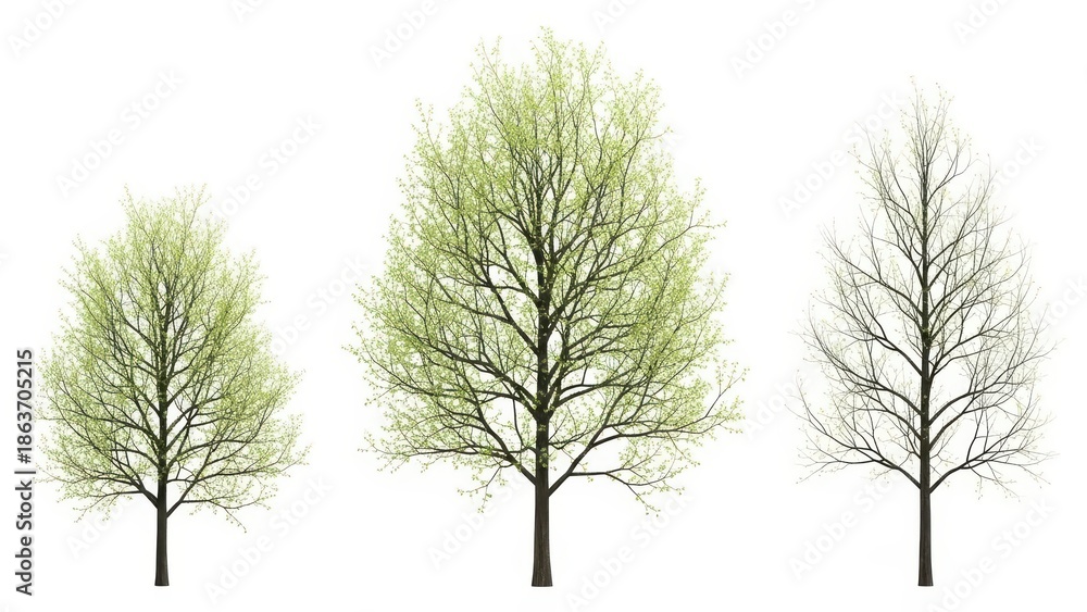 Fototapeta premium Three Vector Trees Isolated on White Background, Spring Season