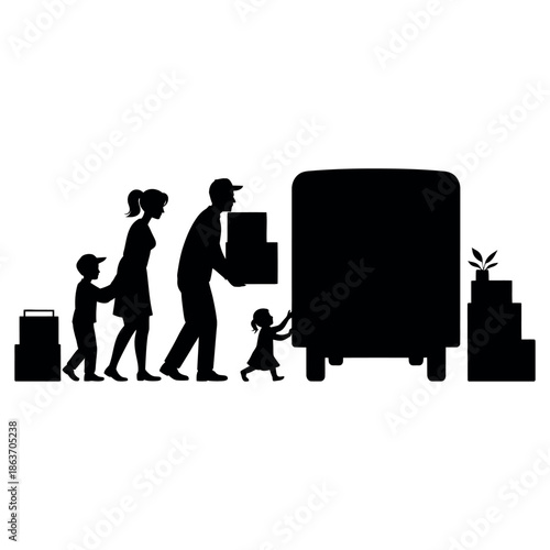 Family silhouette loads moving boxes into the back of a large transportation.