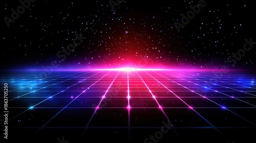 Neon - lit Cybernetic Grid Background with Starry Sky